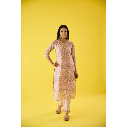 Old Marigold Aarzoo Pink Chanderi Hand Embellished Kurta Pant & Dupatta (Set of 3)