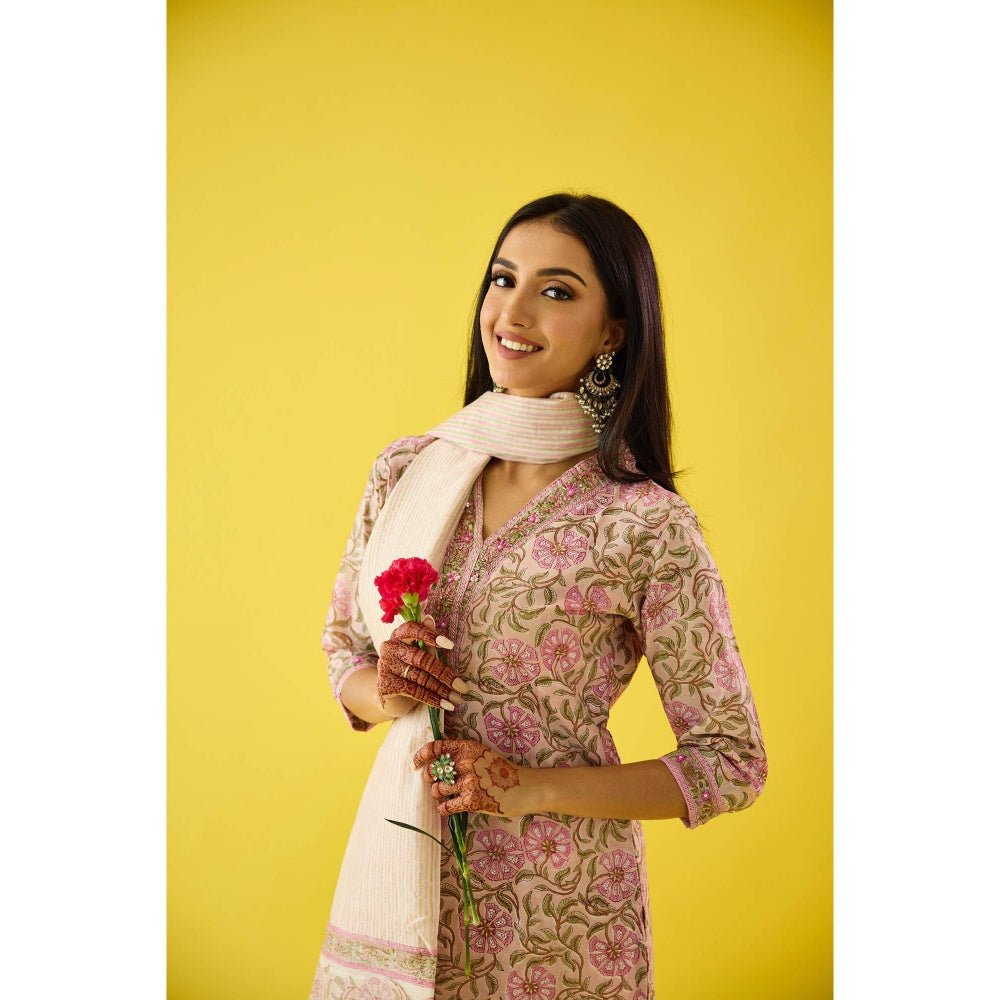 Old Marigold Aarzoo Pink Chanderi Hand Embellished Kurta Pant & Dupatta (Set of 3)