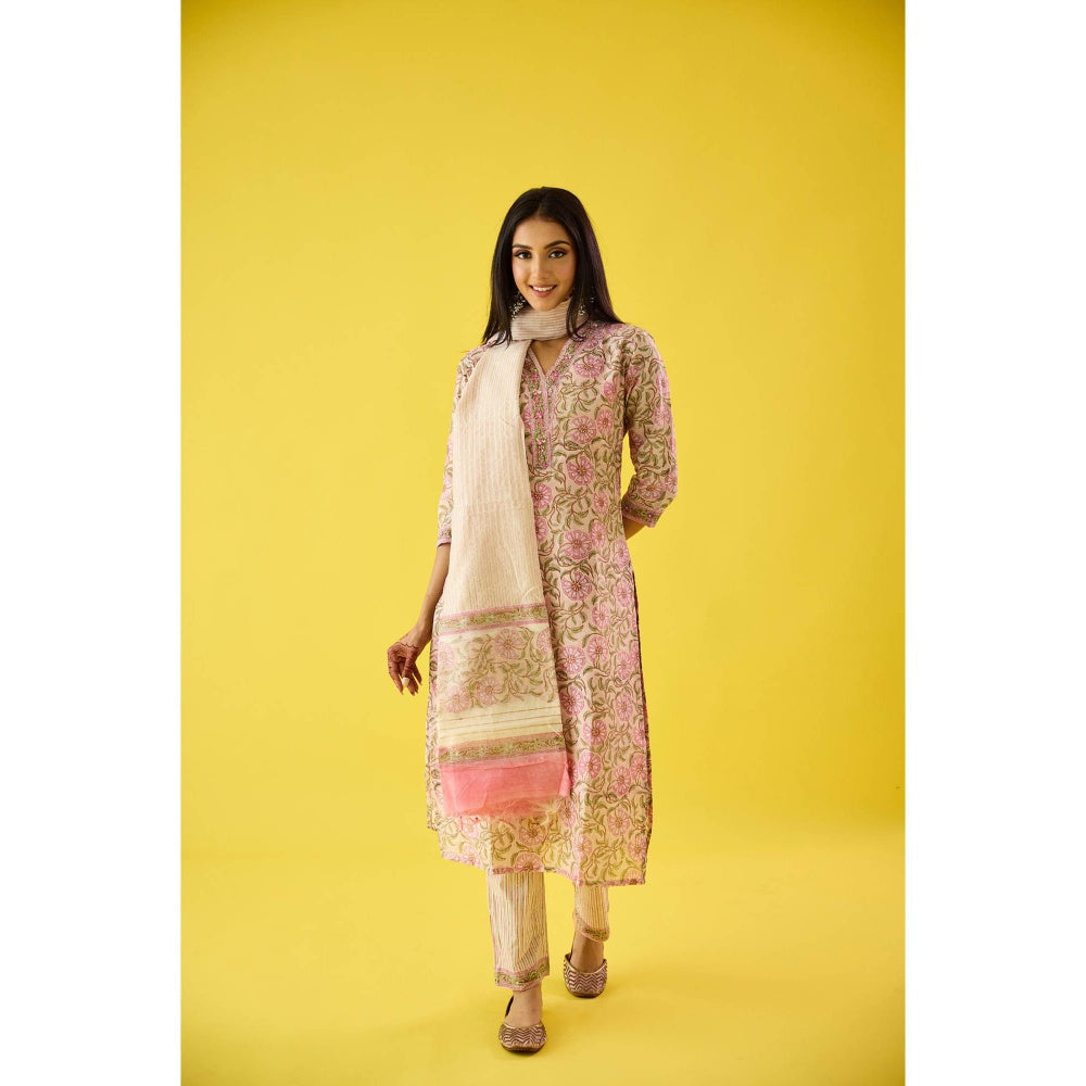 Old Marigold Aarzoo Pink Chanderi Hand Embellished Kurta Pant & Dupatta (Set of 3)