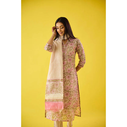 Old Marigold Aarzoo Pink Chanderi Hand Embellished Kurta Pant & Dupatta (Set of 3)
