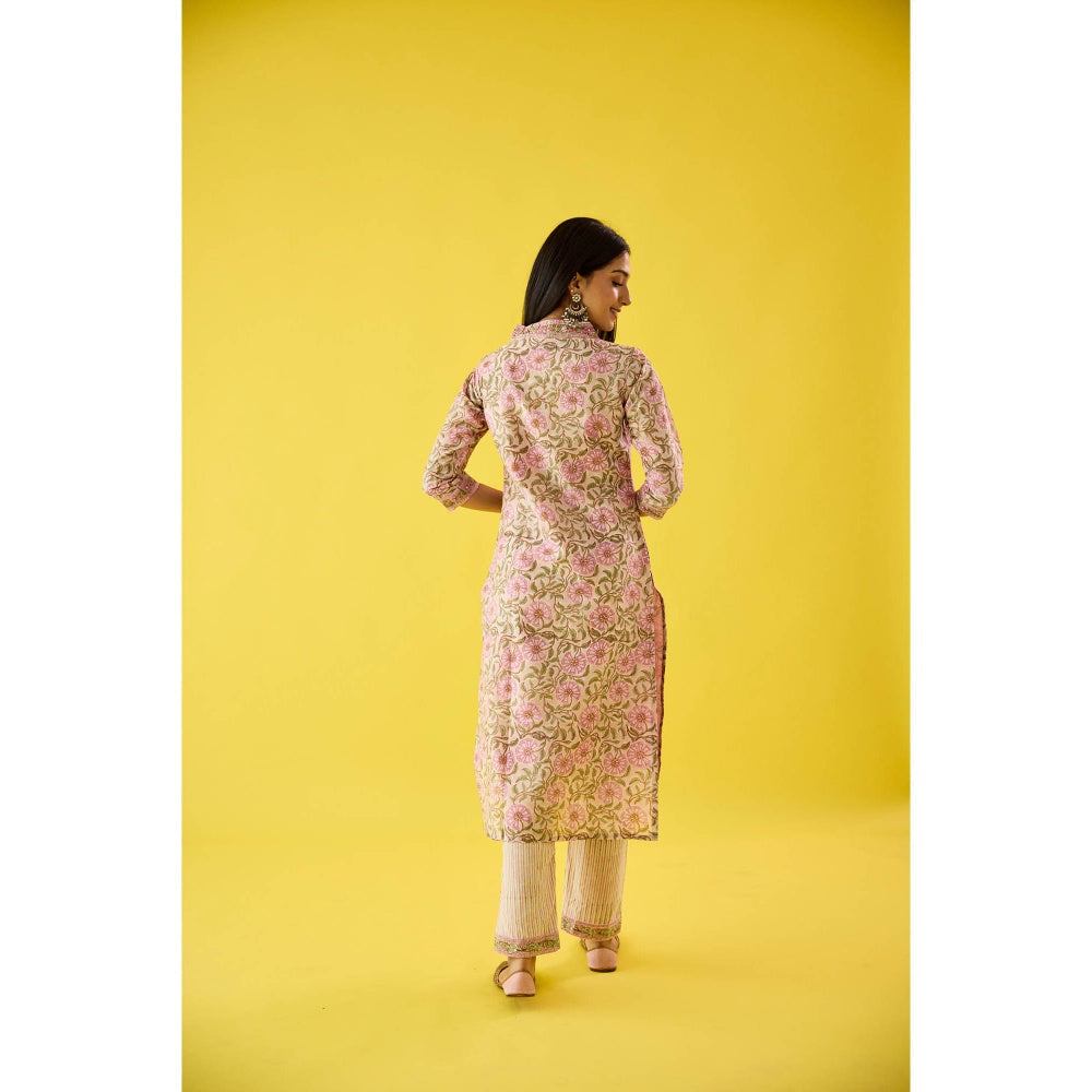 Old Marigold Aarzoo Pink Chanderi Hand Embellished Kurta Pant & Dupatta (Set of 3)
