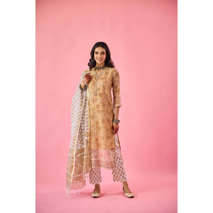 Old Marigold Almas Mustard Yellow Kota Hand Embellished Kurta Pant & Dupatta (Set of 3)
