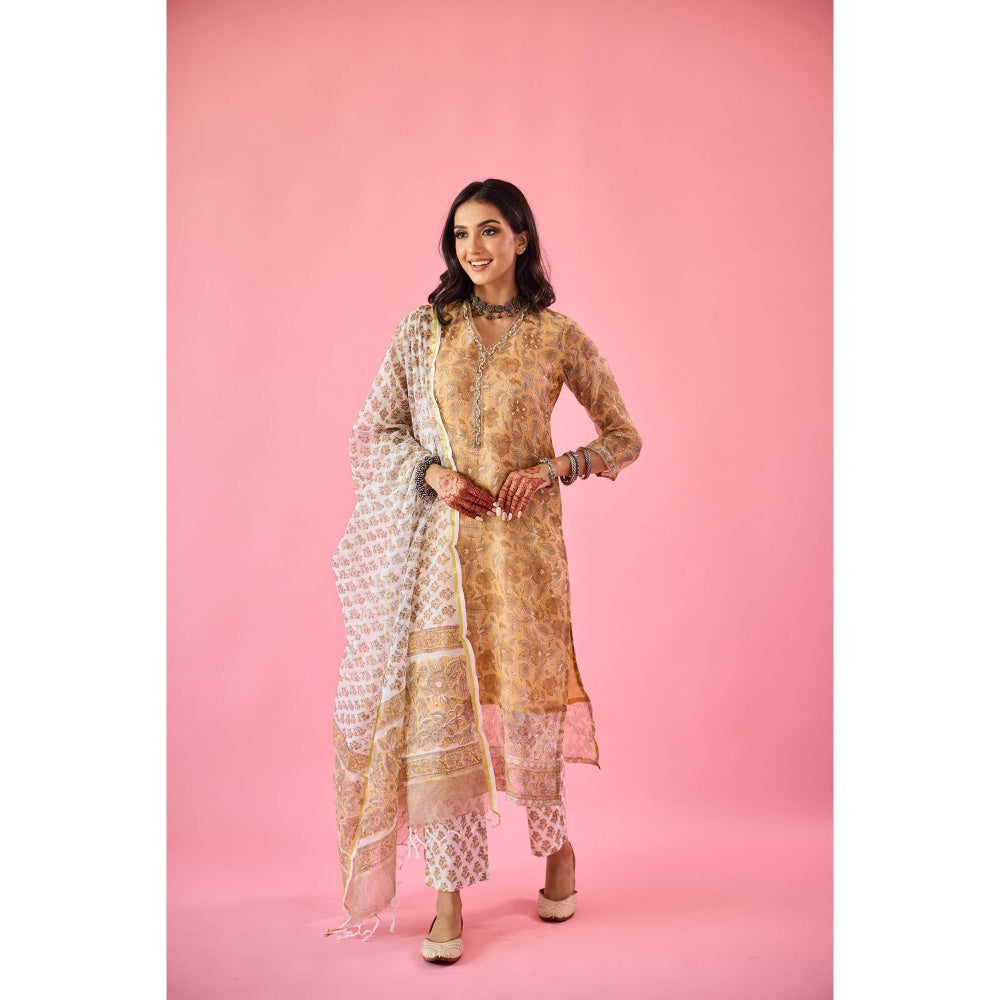 Old Marigold Almas Mustard Yellow Kota Hand Embellished Kurta Pant & Dupatta (Set of 3)