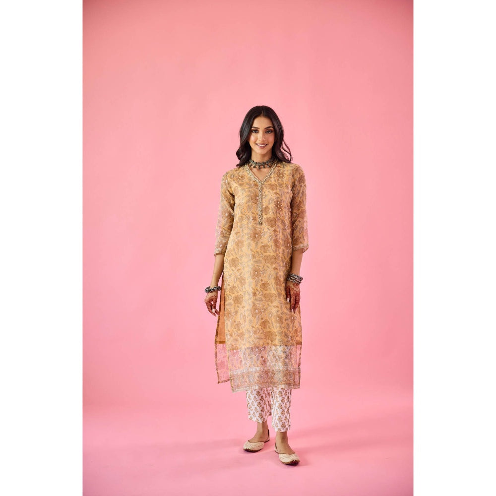 Old Marigold Almas Mustard Yellow Kota Hand Embellished Kurta Pant & Dupatta (Set of 3)