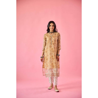 Old Marigold Almas Mustard Yellow Kota Hand Embellished Kurta Pant & Dupatta (Set of 3)