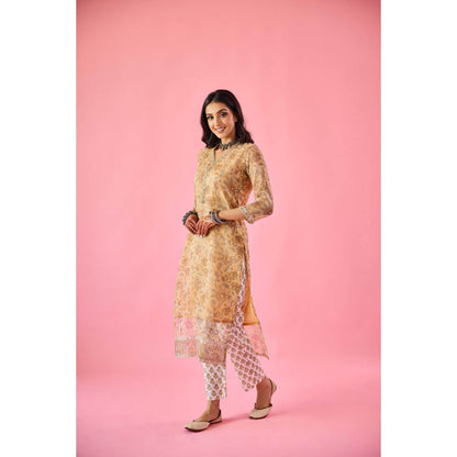Old Marigold Almas Mustard Yellow Kota Hand Embellished Kurta Pant & Dupatta (Set of 3)
