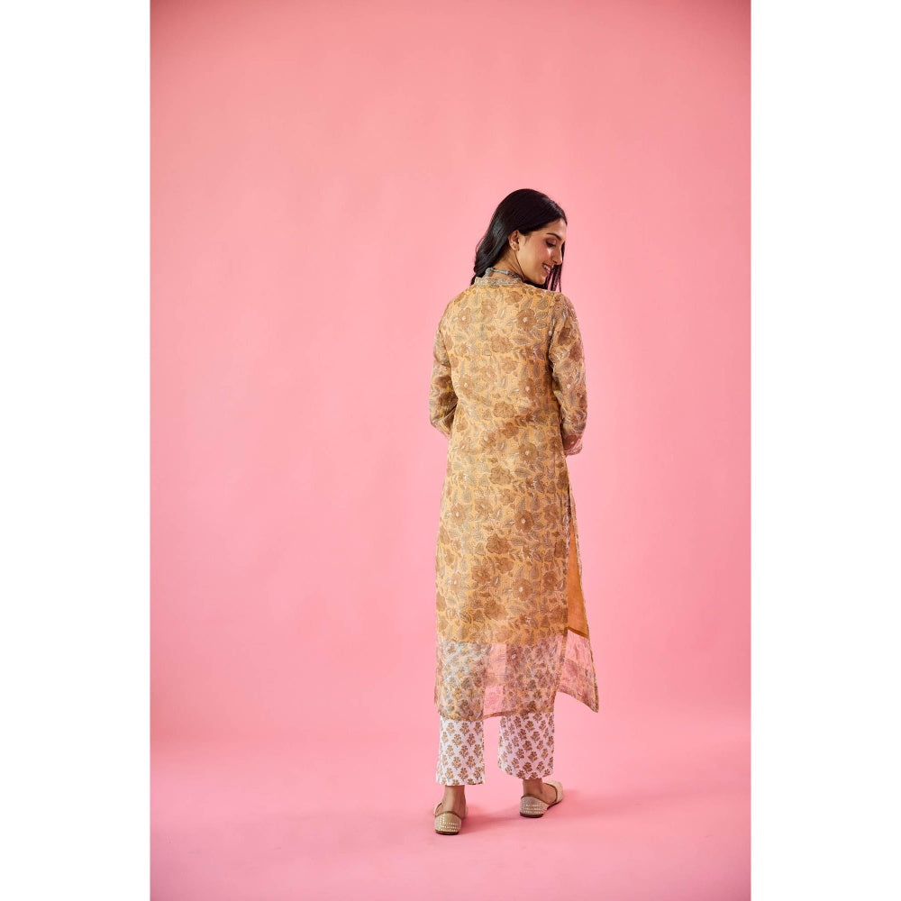 Old Marigold Almas Mustard Yellow Kota Hand Embellished Kurta Pant & Dupatta (Set of 3)
