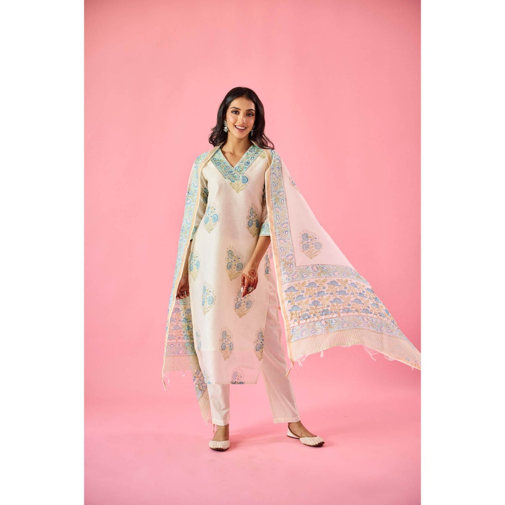 Old Marigold Dilruba Off White Chanderi Hand Embellished Kurta Pant & Dupatta (Set of 3)