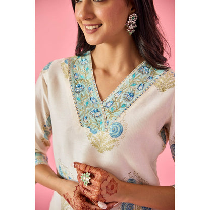 Old Marigold Dilruba Off White Chanderi Hand Embellished Kurta Pant & Dupatta (Set of 3)