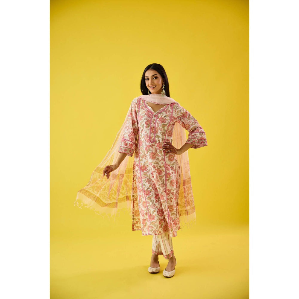 Old Marigold Mehrunisha Pink Cotton Kurta Pant & Dupatta (Set of 3)