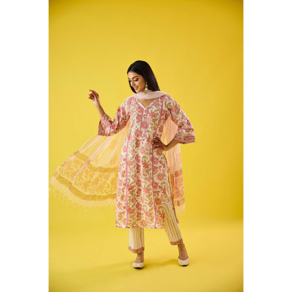 Old Marigold Mehrunisha Pink Cotton Kurta Pant & Dupatta (Set of 3)
