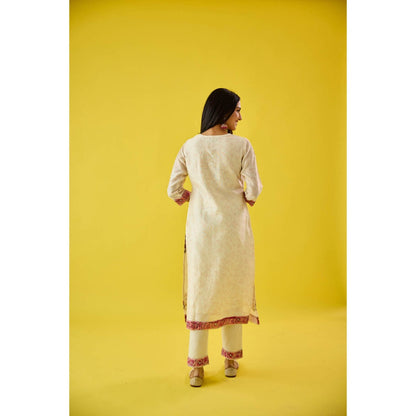 Old Marigold Off White Chanderi Hand Embellished Kurta Pant & Dupatta (Set of 3)
