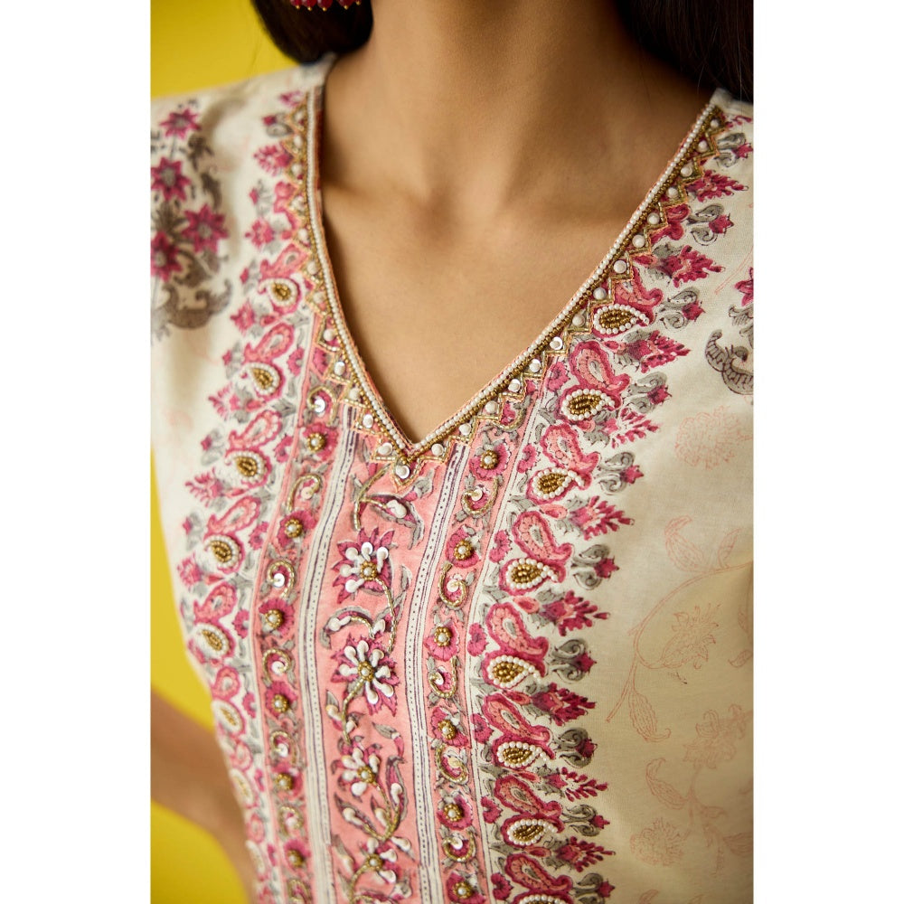Old Marigold Off White Chanderi Hand Embellished Kurta Pant & Dupatta (Set of 3)
