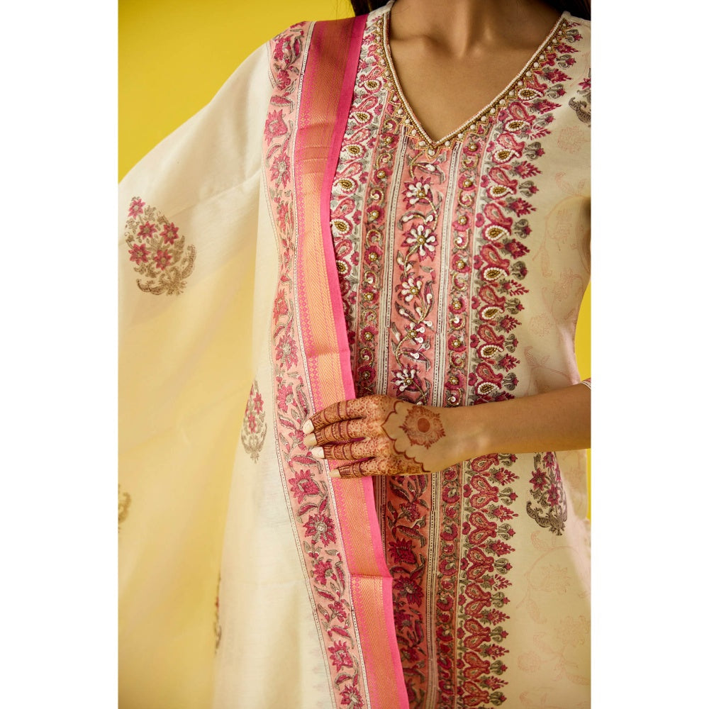 Old Marigold Off White Chanderi Hand Embellished Kurta Pant & Dupatta (Set of 3)