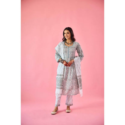 Old Marigold Nazneen Sea Green Cotton Kurta Pant & Dupatta (Set of 3)