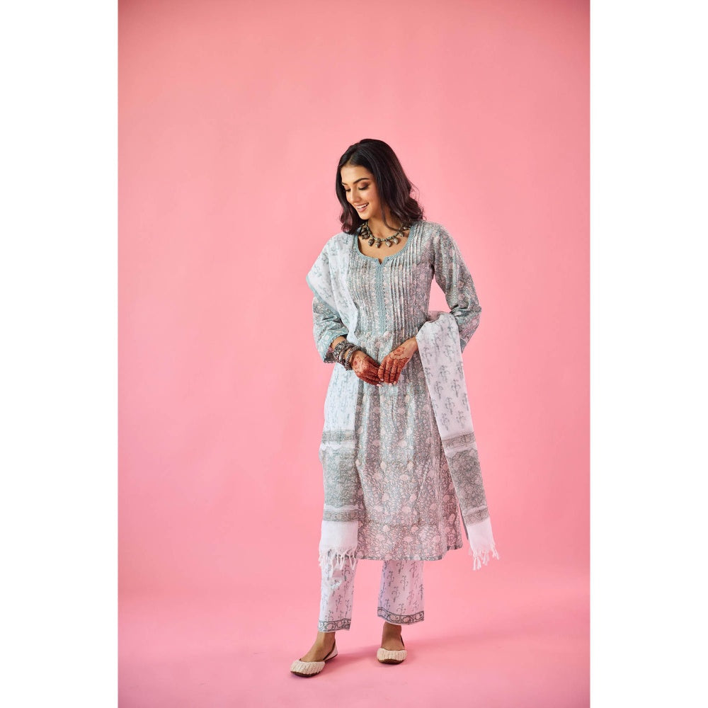 Old Marigold Nazneen Sea Green Cotton Kurta Pant & Dupatta (Set of 3)
