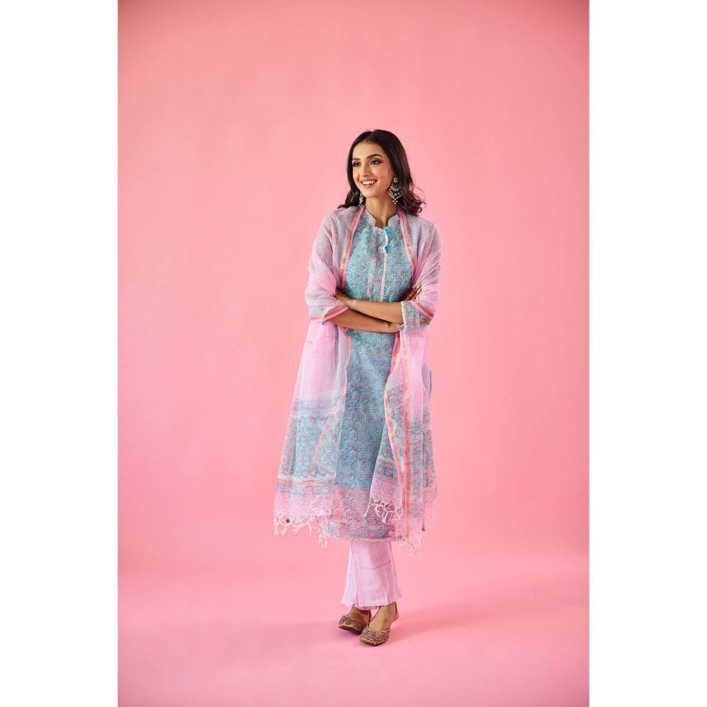 Old Marigold Qudsia Blue Kota Hand Embellished Kurta Pant & Dupatta (Set of 3)