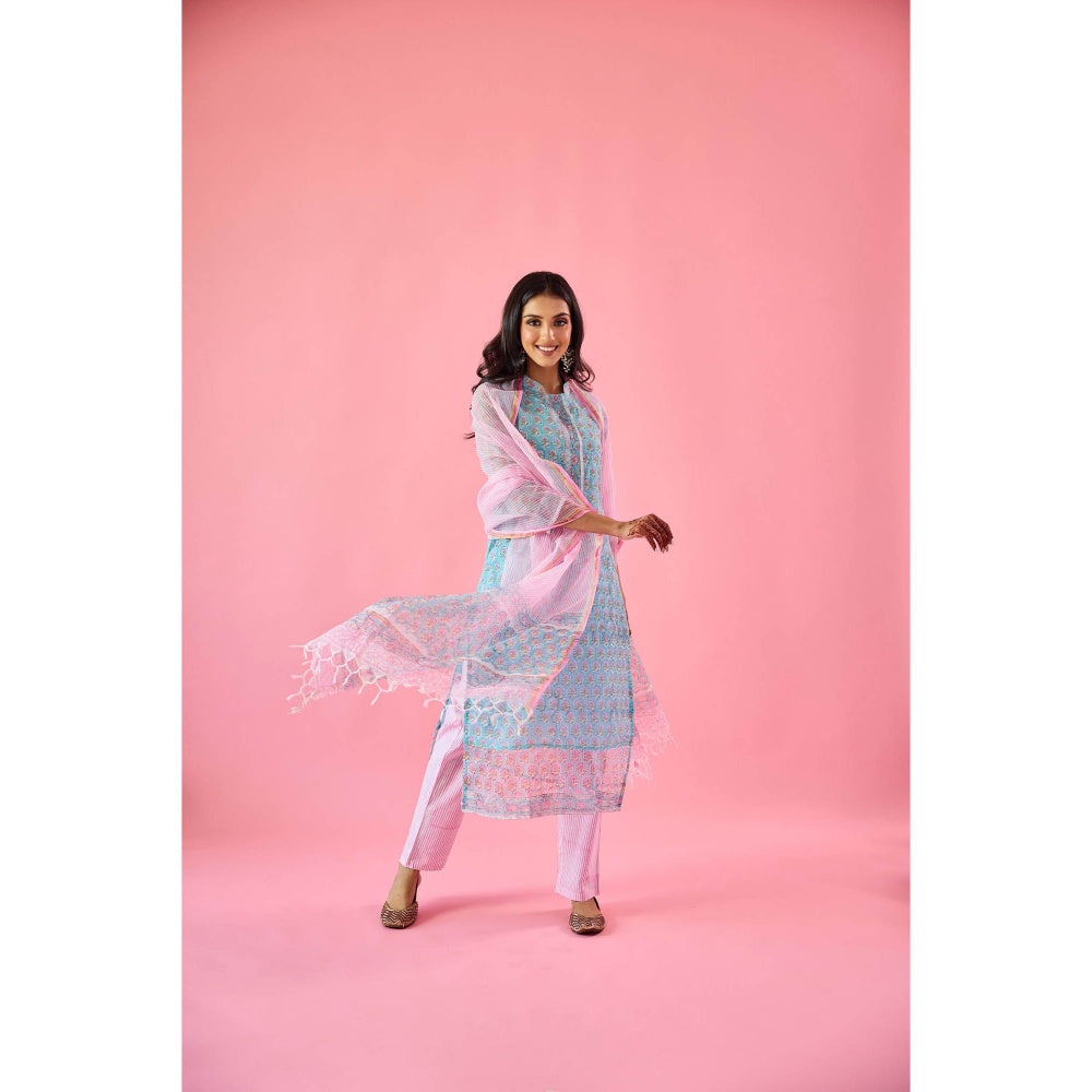 Old Marigold Qudsia Blue Kota Hand Embellished Kurta Pant & Dupatta (Set of 3)