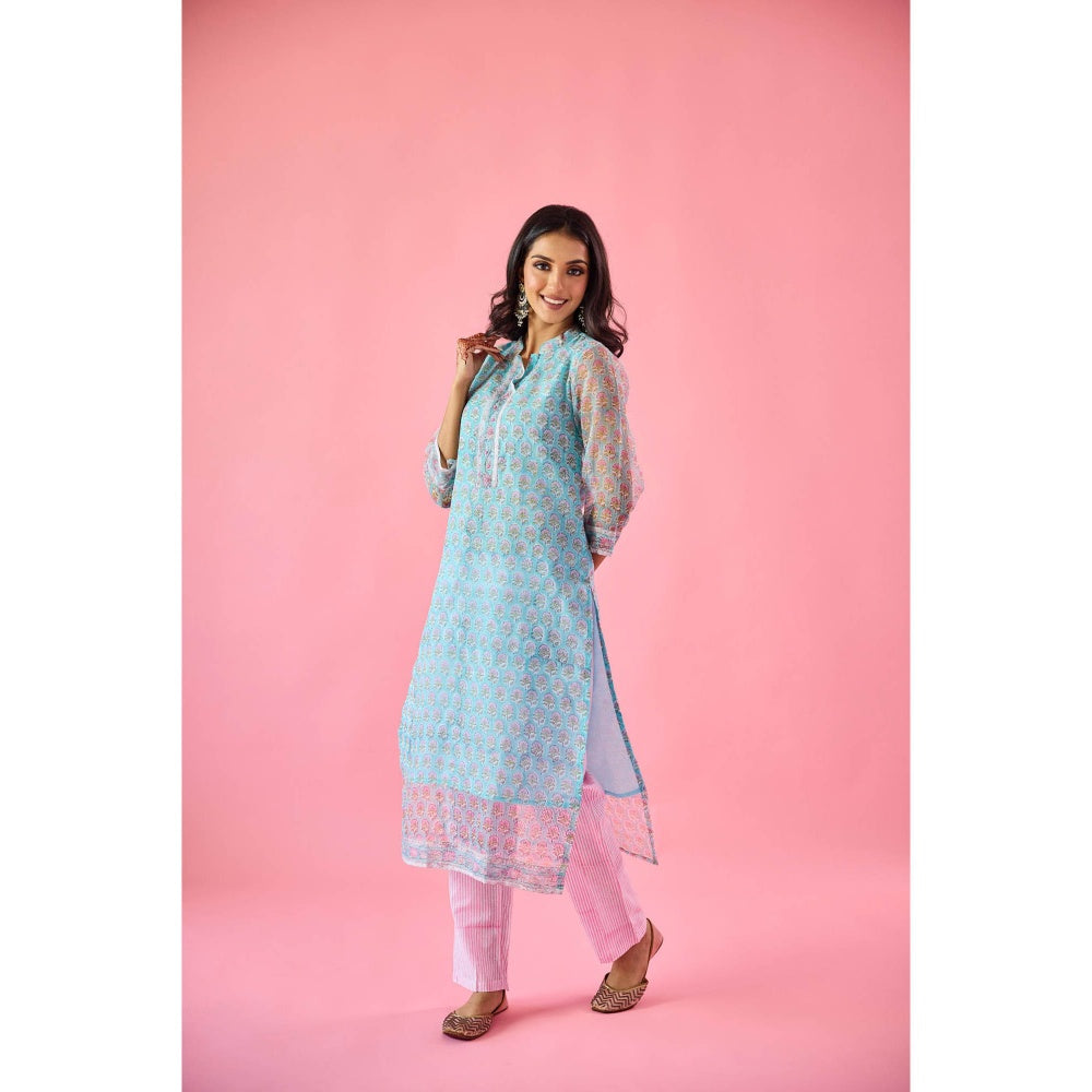 Old Marigold Qudsia Blue Kota Hand Embellished Kurta Pant & Dupatta (Set of 3)