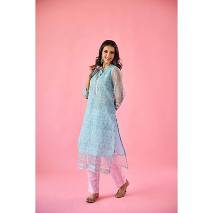 Old Marigold Qudsia Blue Kota Hand Embellished Kurta Pant & Dupatta (Set of 3)