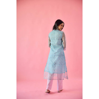 Old Marigold Qudsia Blue Kota Hand Embellished Kurta Pant & Dupatta (Set of 3)