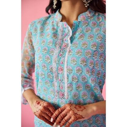 Old Marigold Qudsia Blue Kota Hand Embellished Kurta Pant & Dupatta (Set of 3)