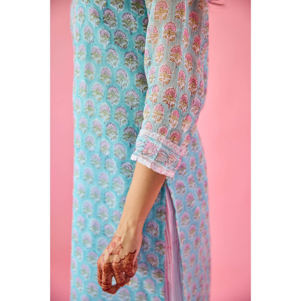 Old Marigold Qudsia Blue Kota Hand Embellished Kurta Pant & Dupatta (Set of 3)