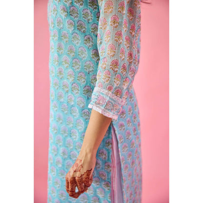 Old Marigold Qudsia Blue Kota Hand Embellished Kurta Pant & Dupatta (Set of 3)