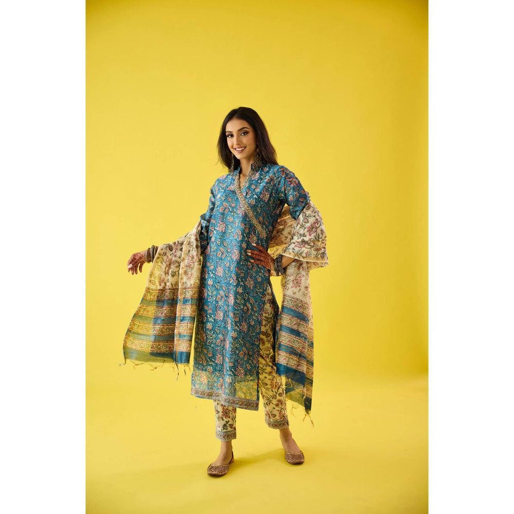 Old Marigold Roohani Blue Chanderi Hand Embroidered Kurta & Dupatta (Set of 3)