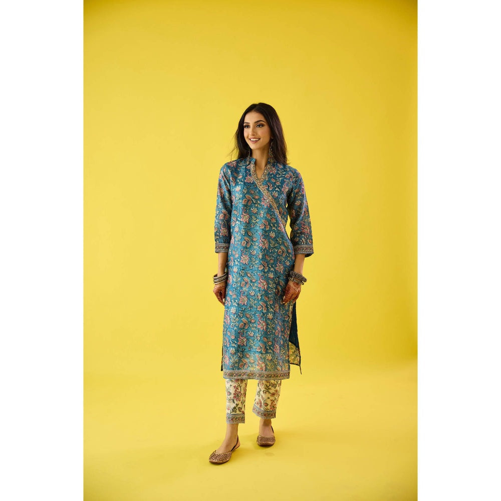 Old Marigold Roohani Blue Chanderi Hand Embroidered Kurta & Dupatta (Set of 3)