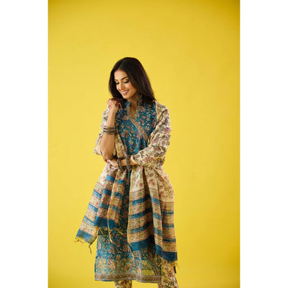 Old Marigold Roohani Blue Chanderi Hand Embroidered Kurta & Dupatta (Set of 3)