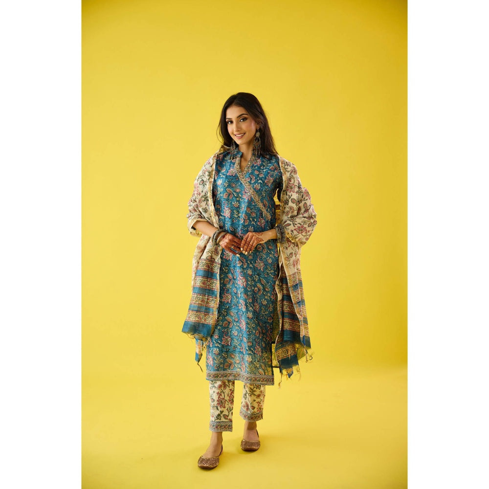 Old Marigold Roohani Blue Chanderi Hand Embroidered Kurta & Dupatta (Set of 3)