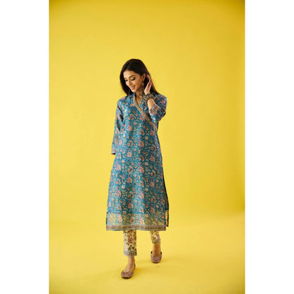 Old Marigold Roohani Blue Chanderi Hand Embroidered Kurta & Dupatta (Set of 3)