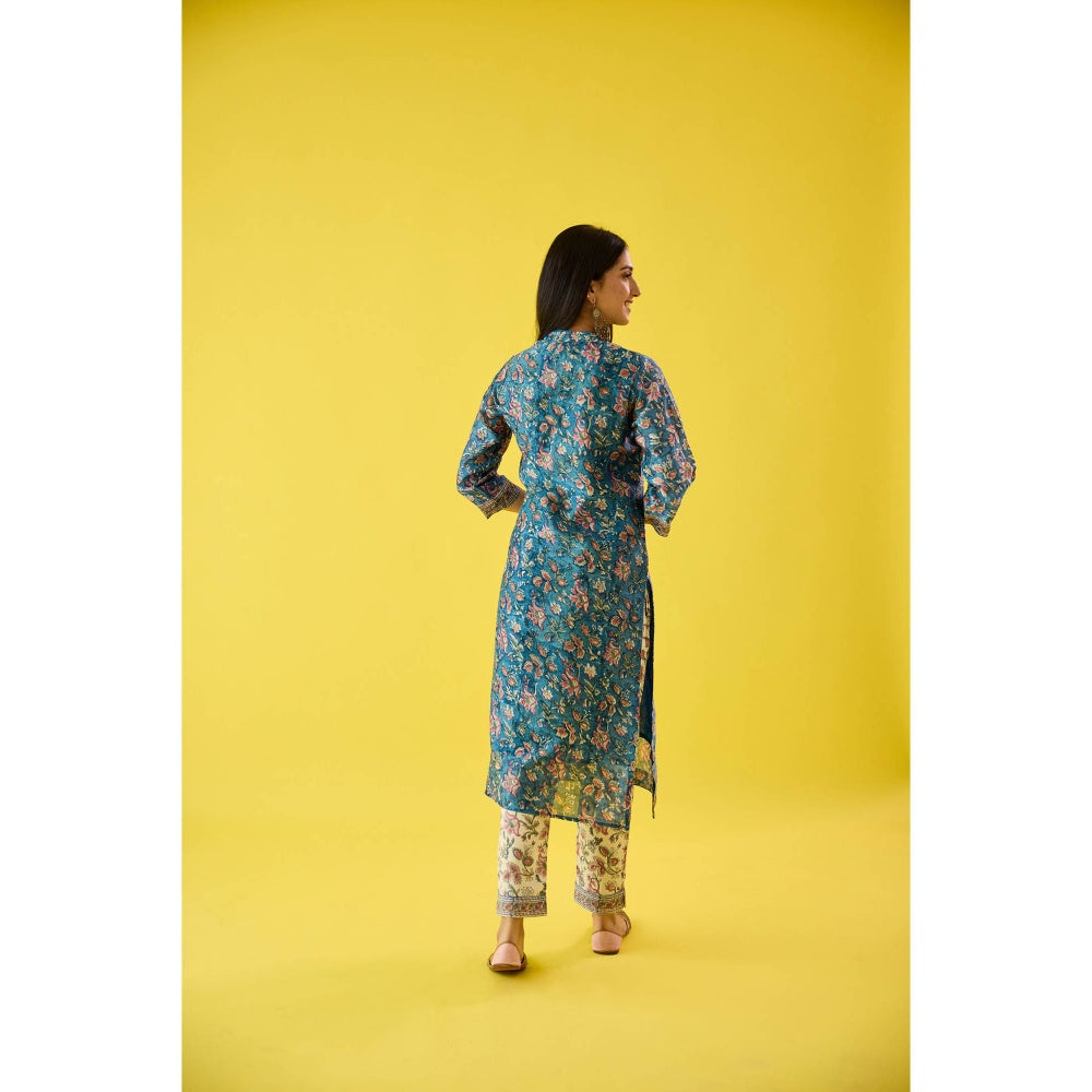 Old Marigold Roohani Blue Chanderi Hand Embroidered Kurta & Dupatta (Set of 3)