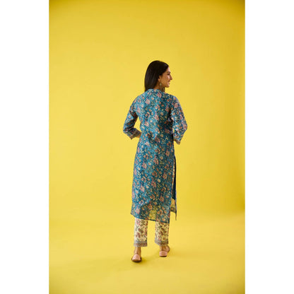 Old Marigold Roohani Blue Chanderi Hand Embroidered Kurta & Dupatta (Set of 3)