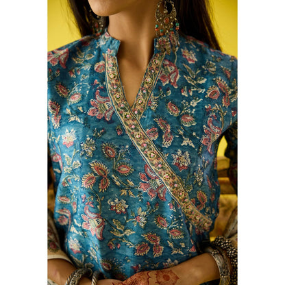 Old Marigold Roohani Blue Chanderi Hand Embroidered Kurta & Dupatta (Set of 3)
