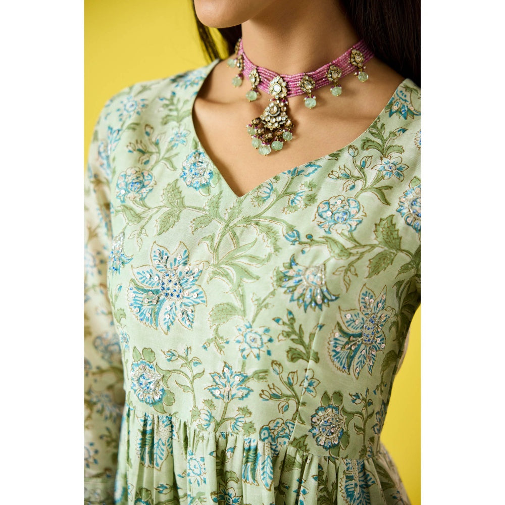 Old Marigold Surmayee Mint Green Chanderi Hand Embellished Kurta Pant & Dupatta (Set of 3)