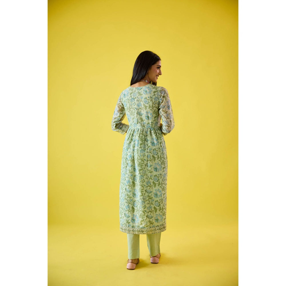 Old Marigold Surmayee Mint Green Chanderi Hand Embellished Kurta Pant & Dupatta (Set of 3)