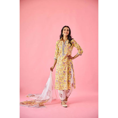 Old Marigold Ziyana Yellow Cotton Kurta Pant & Dupatta (Set of 3)