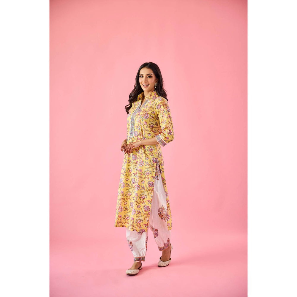 Old Marigold Ziyana Yellow Cotton Kurta Pant & Dupatta (Set of 3)