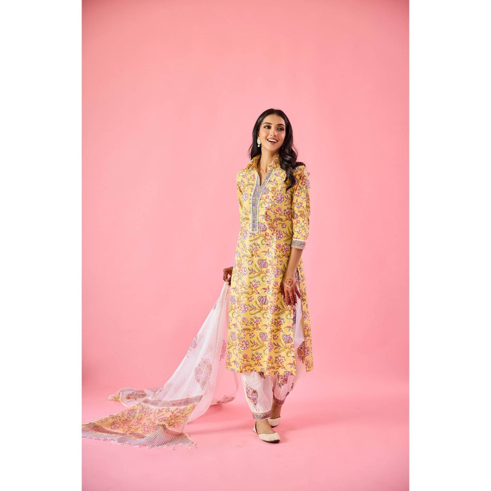 Old Marigold Ziyana Yellow Cotton Kurta Pant & Dupatta (Set of 3)