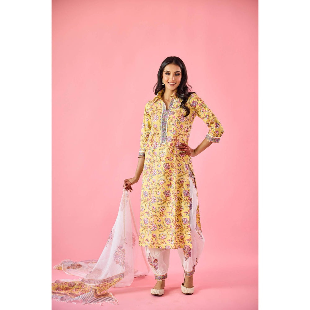 Old Marigold Ziyana Yellow Cotton Kurta Pant & Dupatta (Set of 3)