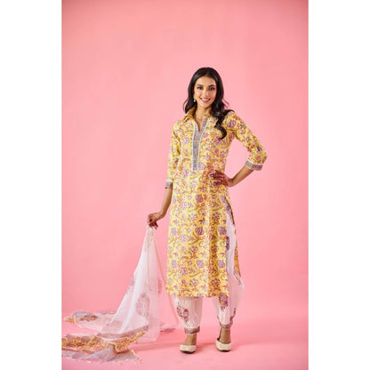 Old Marigold Ziyana Yellow Cotton Kurta Pant & Dupatta (Set of 3)