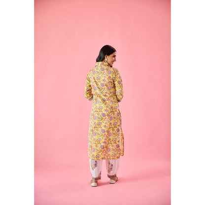 Old Marigold Ziyana Yellow Cotton Kurta Pant & Dupatta (Set of 3)