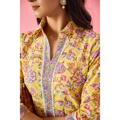 Old Marigold Ziyana Yellow Cotton Kurta Pant & Dupatta (Set of 3)