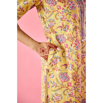 Old Marigold Ziyana Yellow Cotton Kurta Pant & Dupatta (Set of 3)