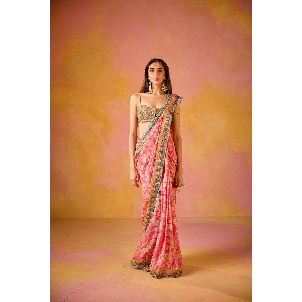Old Marigold Aarohi Pink Muslin Saree with Stitched Blouse