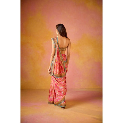 Old Marigold Aarohi Pink Muslin Saree with Stitched Blouse