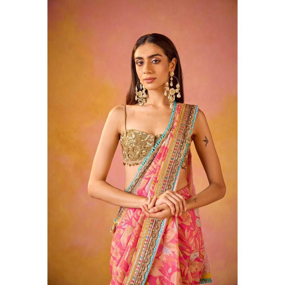 Old Marigold Aarohi Pink Muslin Saree with Stitched Blouse