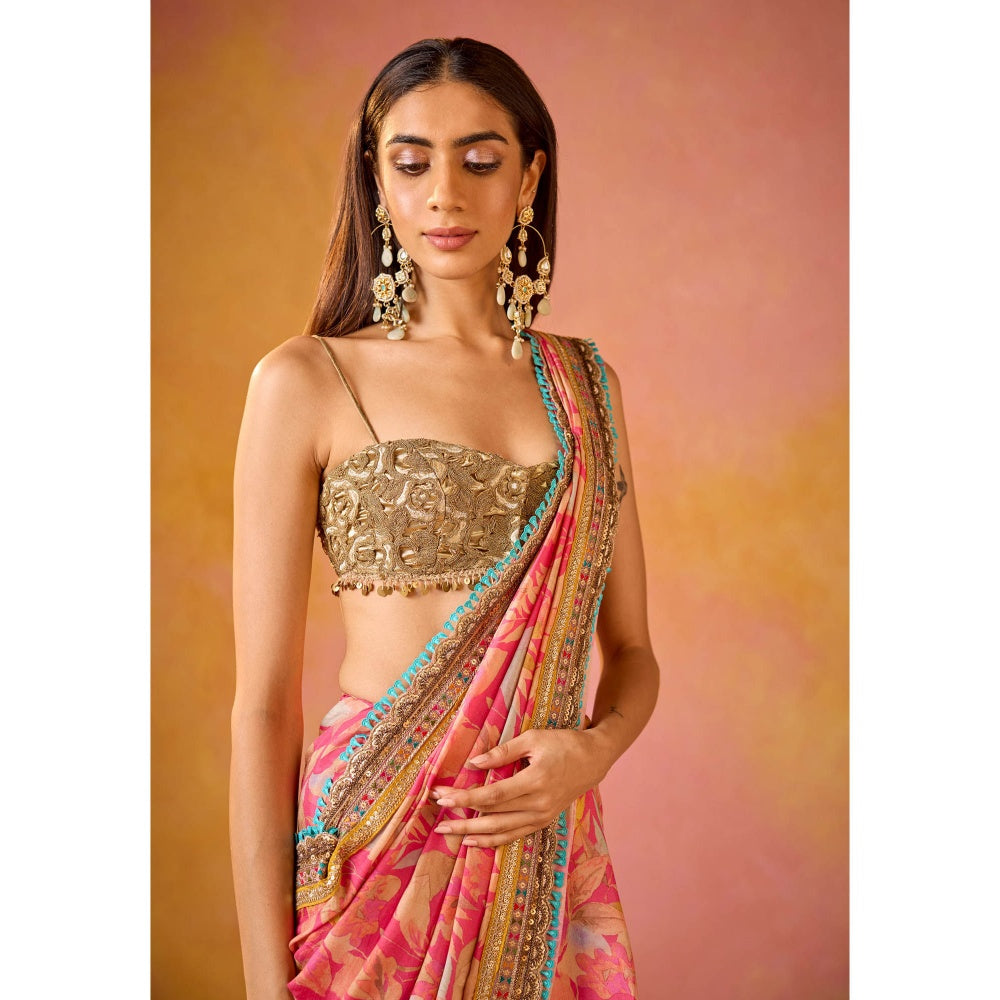 Old Marigold Aarohi Pink Muslin Saree with Stitched Blouse